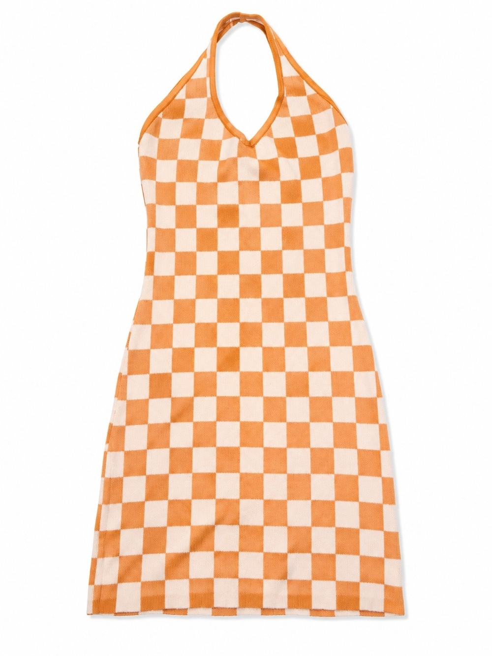 Orange and White Checkered Halter Dress Y2k Style, Size Small